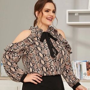 1X Snakeprint Tie-neck Cold Shoulder Blouse